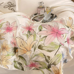 Cyflymder Luxury Bedding Set Flowers Embroidery Summer Ice Silky Duvet Cover Set Fitted Sheet Bed Sheet Pillowcases Comforter Cover Set