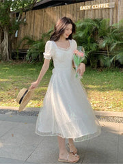 Cyflymder Women Sweet Pink Puff Sleeve A-line Mini Dress Female Mesh Square Collar Holiday Dress Shiny Girl Design Dress