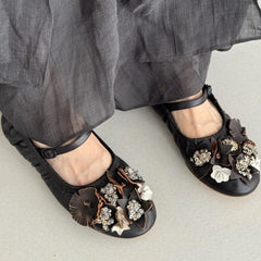 Cyflymder Flower Beaded Decor One Strap Mary Jane Pumps Retro Soft Leather Grandma Shoes Flat Daily Casual Party Dress Footwear