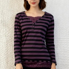 Cyflymder Spice Women Spliced Lace V Neck Long Sleeve T Shirts Y2k Aesthetic Euramerican Constrast Color Striped Clothes Harajuku Tops
