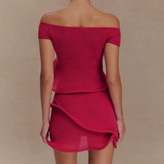 Cyflymder Women Knit Set y2k Clothes Off Shoulder Short Sleeve Slit Crop Top with High Waist Skirt Beach Party Clothing Clubwear