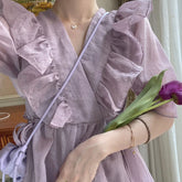 Cyflymder Women Summer Sweet Dress Purple Ruffles V-neck Soft Kawaii Korean Mujer Tender Vestidos Lady Elegant Beach Dress