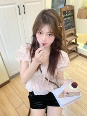 Cyflymder Sweet Hot Girl Square Collar Bubble Sleeve Shirt for Women's Summer Slim Fit Lace-up Hollow Short Shirt Fashion Female Clothes