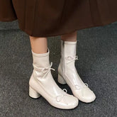 Cyflymder New Womens Mary Jane Shoes Exquisite Round Head Stretch Boots for Woman Fashion Bow High Heeled Boots Designer Shoes Botas Mujer