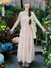 Cyflymder French Lace Splice Pink Strap Dress Summer Vacation Style Gentle Long Dress Minimalist Young Two-Piece Set High Waist A- Line