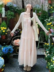 Cyflymder French Lace Splice Pink Strap Dress Summer Vacation Style Gentle Long Dress Minimalist Young Two-Piece Set High Waist A- Line