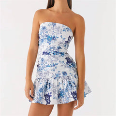 Cyflymder Fashion Women's Ruched Tube Top Dress Vintage Holiday Strapless Sleeveless Slim Fit Flare Dress Summer Clubbing Dress