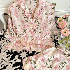 Cyflymder 3/4 Sleeve Pajamas Set Satin Homewear Women's Print Flower Sleep Set Loose Outfit Pyjamas Top&pants Lady Loungewear Nightwear