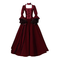 Cyflymder Medieval Victorian Court Lace Patchwork Gothic Dress Halloween Witch Cosplay Party Costume Square Neck Flare Sleeve Maxi Dress