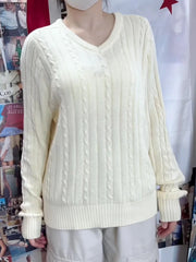 Cyflymder Women V-neck Knitted Sweater Casual Autumn Winter Cotton Warm Loose Twisted Flower Pullover Tops Harajuku Solid Vintage Jumper