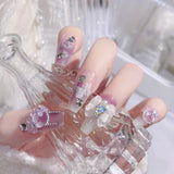 Cyflymder 24p Purple Gradient False Nails Long 3D Bow Diamond Fake Nails Art Full Coverage Detachable Artificial Press on Nail with Tools