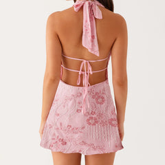 Cyflymder Women Back Bandage Sequine Beaded Flower Mini Dress Summer Sleeveless Backless Deep V Neck Halter Slit Party Club Dresses