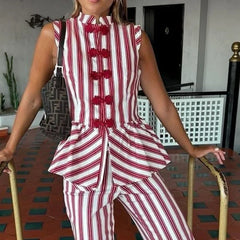 Cyflymder Striped Mandarin Collar Frog Button Ruffle Trim Top Striped Single‑breasted Summer Women Blouse Versatile Casual Lady Office Top