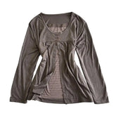 Cyflymder New Autumn Spliced Vintage Harajuku Fake Two Piece Y2k Harajuku Lace Striped Buttons Design Women Shirt Long Sleeve Commuter Top