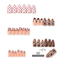 Cyflymder 24PCS Cute Cat Almond Press on False Nails Sweet Brown Polka Dots French Simple Flowers Pink Nail Tips Set Full Cover Fake Nails