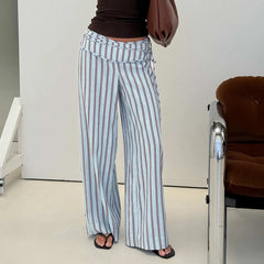 Cyflymder Striped/Solid Tie Up Mid Rise Wide Leg Trousers Women Casual Loose Fit Long Pants Elegant Lady Daily Straight Pants