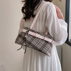 Cyflymder New Handbag Boho Shoulder Bag Bell Pendant Lightweight Tote Bag Plaid Underarm Bag Women Soft PU Checked Tote Cloth Shopping Bag