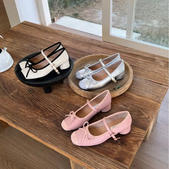 Cyflymder Pink French Ballet Style Chunky Heel Single Shoes Women Summer Outdoor Wear New Mary Janes Shoe Butterfly Knot Microfiber Upgrad