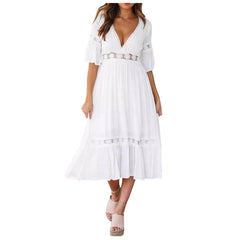 Cyflymder Summer White Dresses Women Flower Hollow Out High Waist Lace Long Dress For Wedding Elegant Deep V-Neck Short Sleeve Party Dress