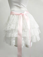 Cyflymder Multilayered Lace Skirts for Sweet Girls Summer Ribbons Bows Decoration Elastic Waist Lolita Style White Skirt Kawaii Clothes