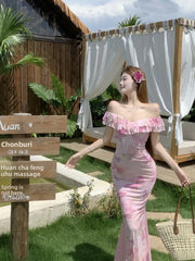Cyflymder Sexy Spicy Girl Pure Desire Sle Floral Print Bodycon Dr oulder Bared Lace Slimming Wrap High Waist Fi Tail Skirt