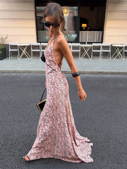 Cyflymder Women Pink Ditsy Floral Satin Maxi Dress Spaghetti Strap Deep V Neck Front Blackless Ruffle Hem Women Street Vacation Dress