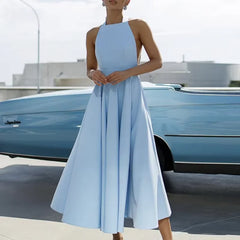 Cyflymder Sexy Solid High Waist Long Dress Women Elegant Halter Lace-up Bow Party Dresses Summer Sleeveless Backless Boho Dress