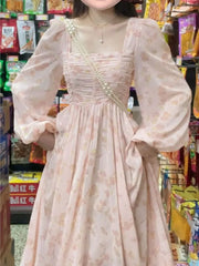 Cyflymder France Vintage Floral Dress Women Spring Print Party Midi Dresses Female Holiday Long Sleeve Korean Fashion Chiffon Dress