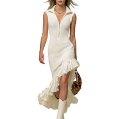 Cyflymder Zipper Collar Sleeveless Knit Ruffle Hem Asymmetrical Dress Vintage Casual Slim Vintage Summer Dress for Women's