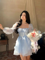 Cyflymder Sweet Kawaii Mini Dress Vintage Korean Elegant Fashion Party Dress Women Fairy Princess Puff Sleeve Chic Summer Prom Dress