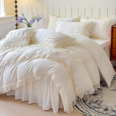Cyflymder Luxury Solid Color Bed Skirt Bedding Sets with Lace Silky Breathable Bedclothes for Home All Seasons Single Double Bedspread Kit