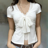 Cyflymder High Street American Spliced Lace Fake Two Piece Y2k Pleated Bow Design Spice Girl Clothes Summer Sweet Casual Punk Tops