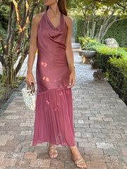 Cyflymder Elegant Lady Halter Midi Dress Sleeveless Fold Satin Stitching Pleated Dress Summer Fashion Romantic Women Dress