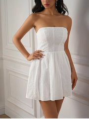 Cyflymder Summer Tube Top Jacquard Mini Dress Sexy Off-Shoulder Open Back A-Line Shirred Women's Sexy Casual Beach Party Dress