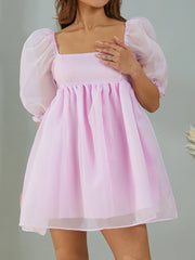 Cyflymder Women Summer Party Puffy Dress Solid Color Square Neck Bubble Sleeve Short Dress for Ladies Pink/Purple/Yellow