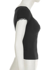 Cyflymder Casual Basic Lace Trim T Shirt Elegant Slim Folds Square Collar Short Sleeve Tees Women Summer Fashion Streetwear