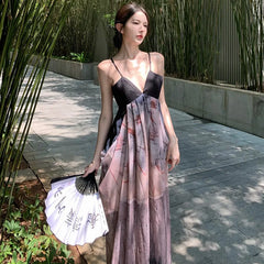 Cyflymder Chinese Traditional Style Ink Print Dress Women's Summer Sling Sexy Collar Lazy Holiday Skirt