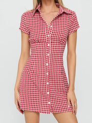 Cyflymder Women Plaid Shirt Dress Fit Collared Short Sleeve Button-up A-line Mini Dress Casual Summer Streetwear with Belt