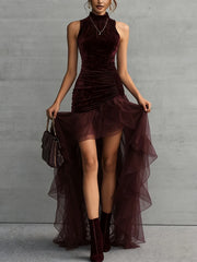 Cyflymder Elegant Party Dress Velvet Halter Long Sleeveless Evening Dress Ruched Bodice Tulle Skirt Wine Red Maxi Dress For Woman On