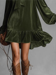 Cyflymder 2026 Spring Autumn Long Sleeve Elegant Velvet Bow Mini Dress Women's Clothing Casual Party Work Evening Office Lady Dresses