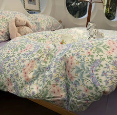 Cyflymder Fresh green flower bedding set,twin full queen king sweet purple pink floral cotton home textile sheet pillow case quilt cover
