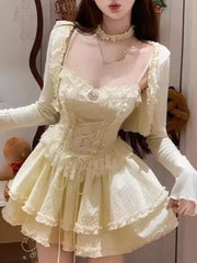 Cyflymder French Elegant Sweet Fluffy 2 Piece Set Women New Lace Stitching Sling Dress + Chic Cardigan Aesthetic Pure Desire Sexy Suits