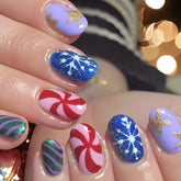 Cyflymder 24pcs Short Round Christmas Fake Nails Shiny Blue Purple Color False Nail Tips with Gold Star Snowflake Decor Press on Nails