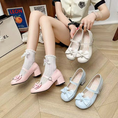 Cyflymder Women's Cute Lolita Cosplay Shoes Bow Mid Chunky Heel Platform Jane Pumps Buckle Strap Princess Uniform Wear Pink White