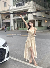 Cyflymder Women Dresses Irregular Ruffles Floral Printed Sleeveless Holiday Spring Summer Sweet Elegant Dress Party Backless