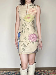 Cyflymder Neo Chinese Style Vintage Printing Dresses Y2k Aesthetic Sleeveless Mini Vestidos Harajuku Hollow Out Button Grunge Woman Dress