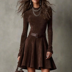 Cyflymder American Style Women's Mini Dress Solid Long Sleeve High Neck A-Line Party Dress Autumn Winter Slim High Street Dresses