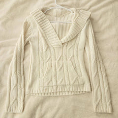 Cyflymder Women Shawl Collar Cable Knit Sweater Cream V Neck Slim Fit Long Sleeve Soft Knitted Pullover Casual Fall Jumper