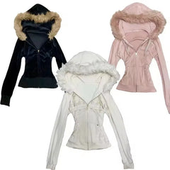 Cyflymder Euramerican Fashion Vintage Autumn Winter Velvet Hooded Jacket Y2k Harajuku Classic All Match Women Clothes Street Punk Coats