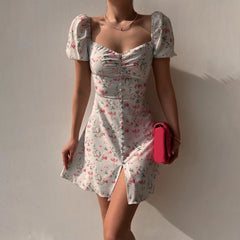 Cyflymder Female Dresses Women'S Skirt V Neck Fashionable Bubble Sleeve Floral Shorts Dress Party Dresses With Printing Vestidos Femenino